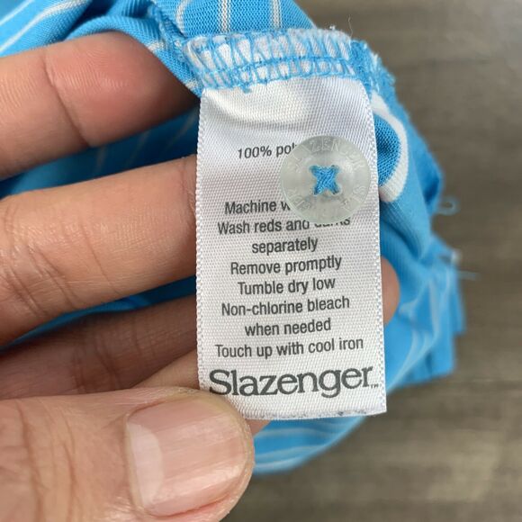 Slazenger Polo Shirt Mens Large Blue White Striped Golf Short Sleeve Stretch - Picture 8 of 10